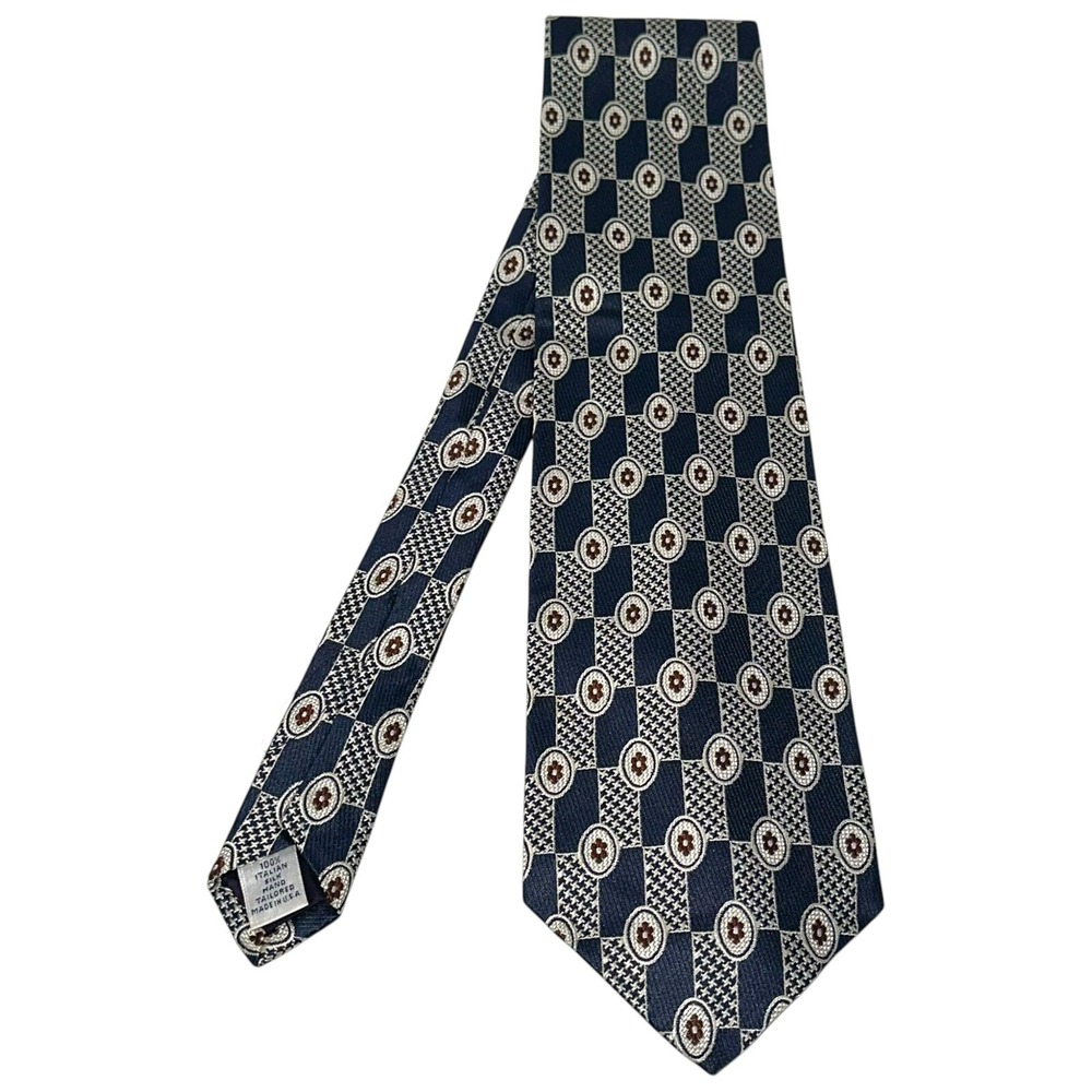 Paul Fredrick Tie Necktie Blue‎ Silver Geometric 100% Silk Made Italy EUC